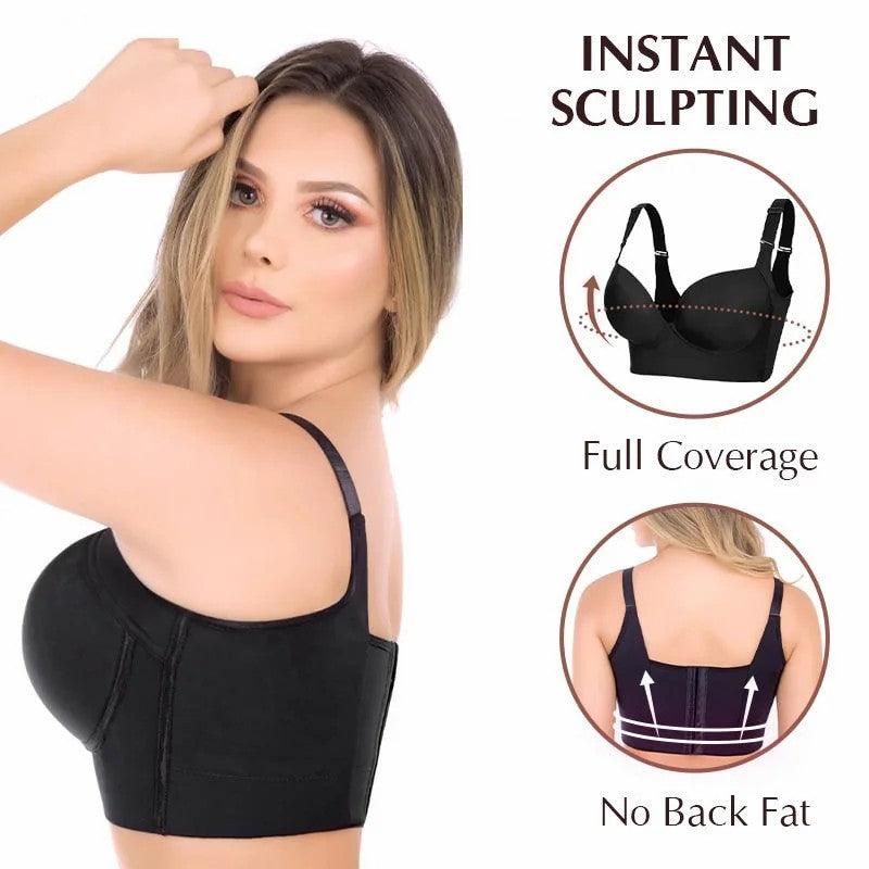 Full-Coverage Deep Cup Bra  – Smooths Back &amp; Sides, High-Back Support, 5D Seamed Lift, Breathable Stretch, U-Shape Panel – Ultimate Shapewear Comfort