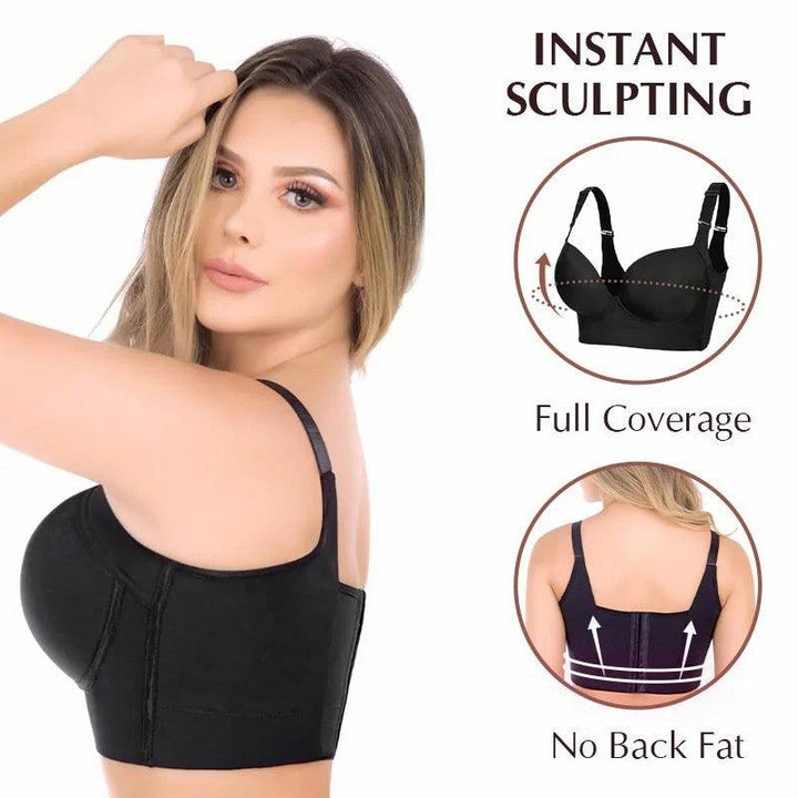 Full-Coverage Deep Cup Bra  – Smooths Back &amp; Sides, High-Back Support, 5D Seamed Lift, Breathable Stretch, U-Shape Panel – Ultimate Shapewear Comfort