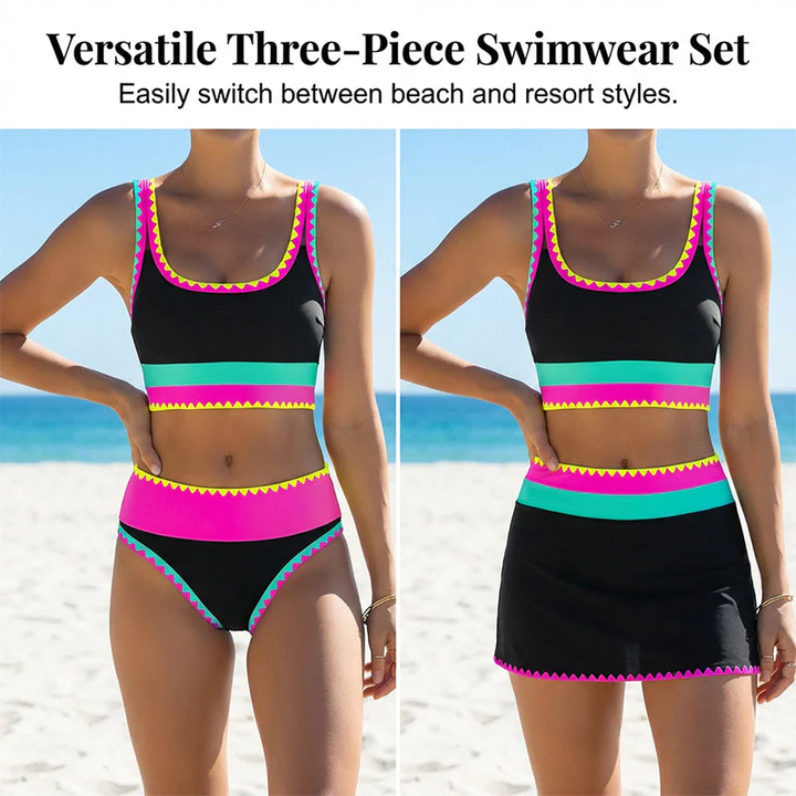 🎁Nuovo arrivo, sconto del 50%💥Bikini sportivo a 3 pezzi in nylon con patchwork a blocchi di colore e vita alta &amp;  Costume da bagno contenitivo per la pancia👙🌈