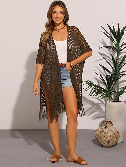 😍Women’s Oversized Knit Cardigan – Lightweight Crochet Tassel Kimono for Spring &amp; Summer 🌸