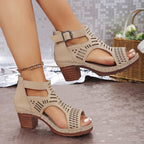 Versatile Hollow Out Mid Heel Open Toe Sandals（50% OFF）