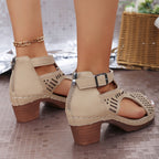 Versatile Hollow Out Mid Heel Open Toe Sandals（50% OFF）