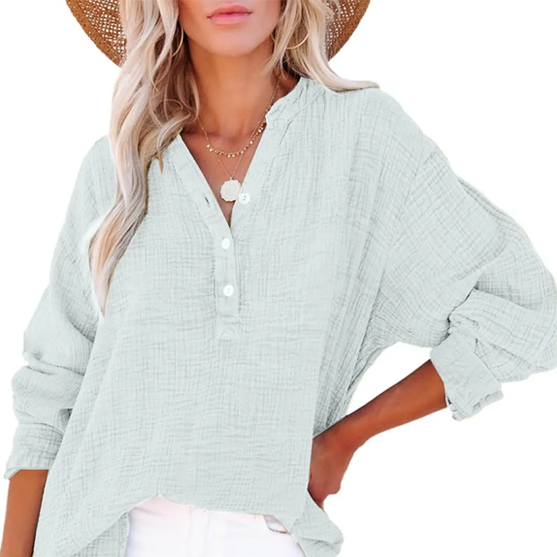 💖Limited Sale 50% OFF💖Women’s Casual Gauze Button Neck Long Sleeve Blouse