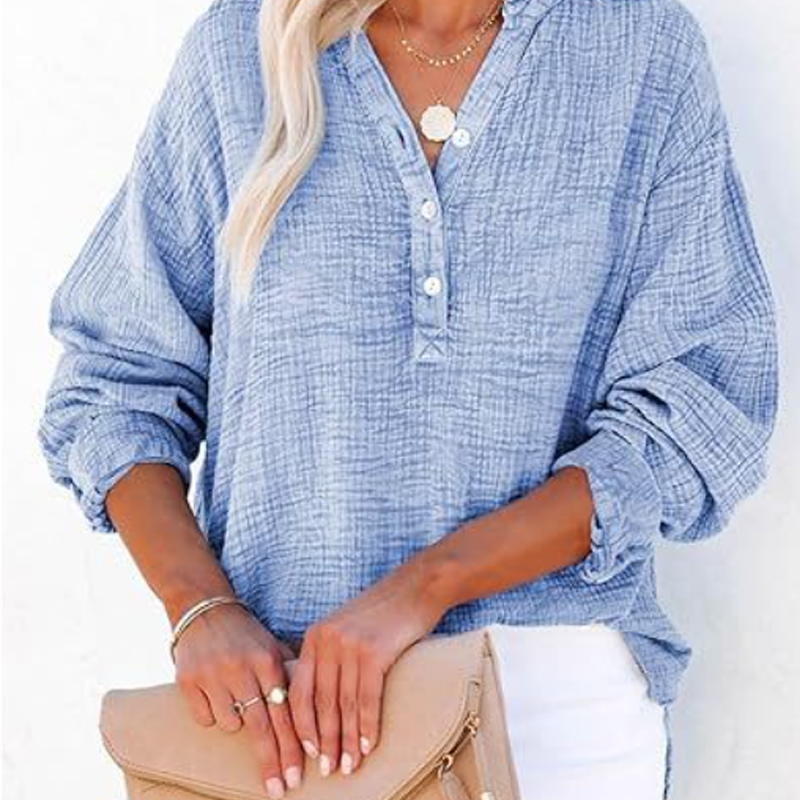 💖Limited Sale 50% OFF💖Women’s Casual Gauze Button Neck Long Sleeve Blouse