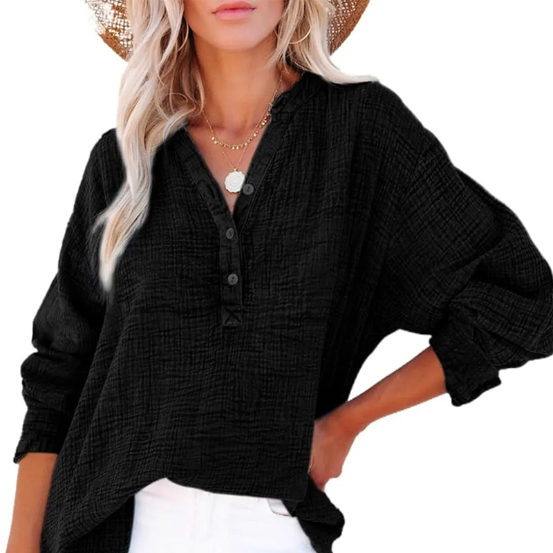 💖Limited Sale 50% OFF💖Women’s Casual Gauze Button Neck Long Sleeve Blouse