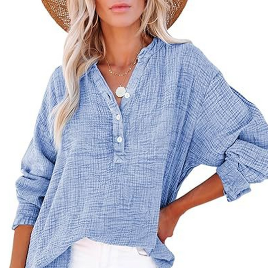💖Limited Sale 50% OFF💖Women’s Casual Gauze Button Neck Long Sleeve Blouse