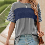 Women's Casual Round Neck Striped Color Clash Short Sleeve Top