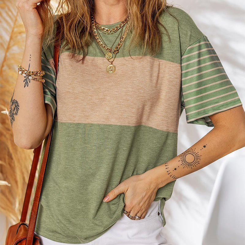 Women's Casual Round Neck Striped Color Clash Short Sleeve Top