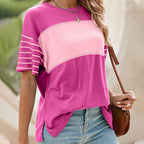 Women's Casual Round Neck Striped Color Clash Short Sleeve Top