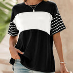 Women's Casual Round Neck Striped Color Clash Short Sleeve Top