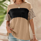 Women's Casual Round Neck Striped Color Clash Short Sleeve Top
