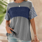 Women's Casual Round Neck Striped Color Clash Short Sleeve Top