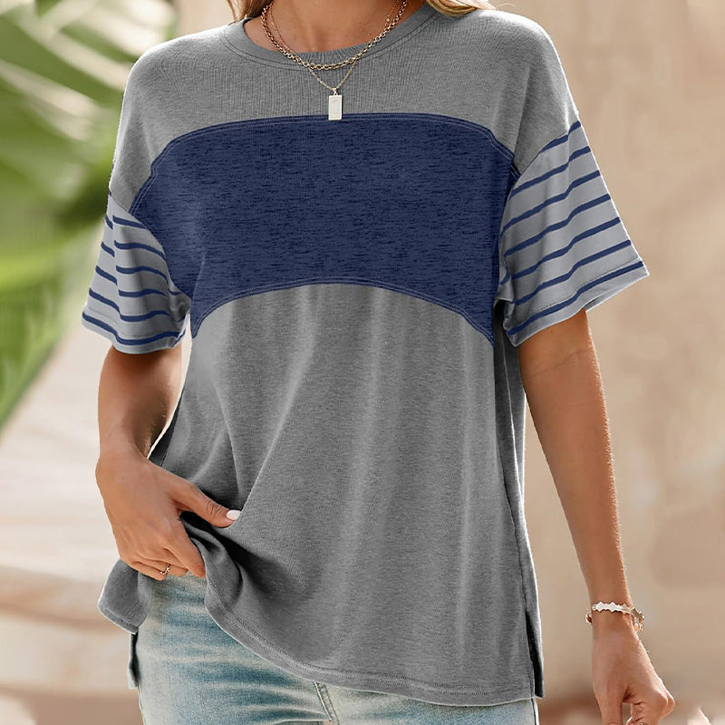 Women's Casual Round Neck Striped Color Clash Short Sleeve Top