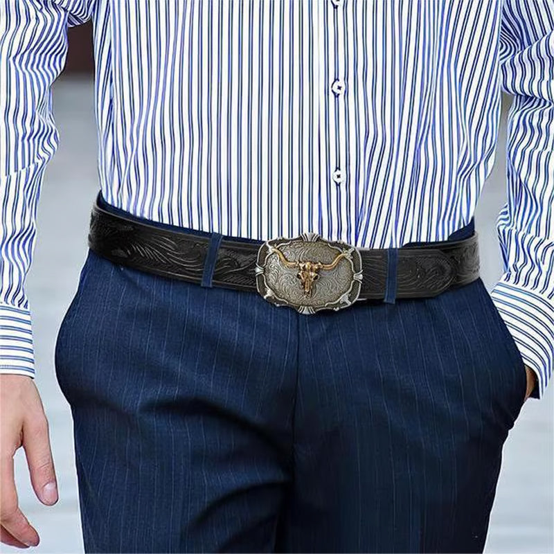 Men's Retro Bull Head Embossed Leather Belt