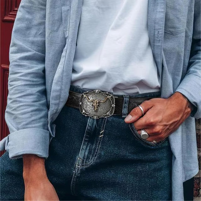 Men's Retro Bull Head Embossed Leather Belt