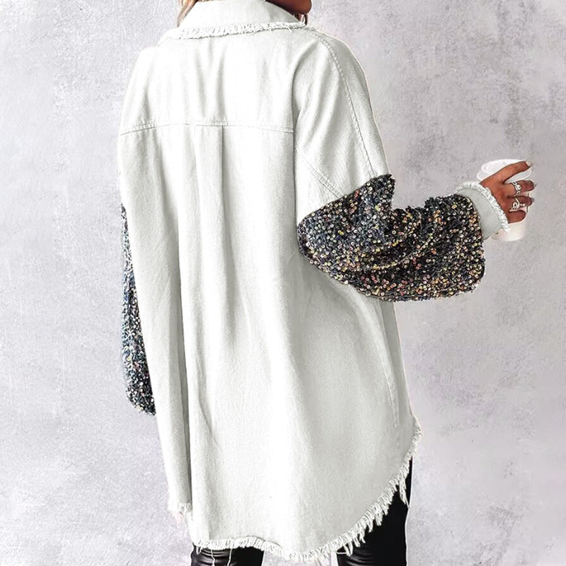 🔥Offre spéciale : 50 % de réduction⏳Manteau patchwork à sequins tendance pour femme avec ourlet brut