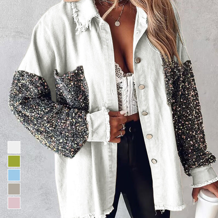 🔥Offre spéciale : 50 % de réduction⏳Manteau patchwork à sequins tendance pour femme avec ourlet brut