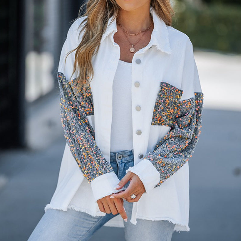 🔥Offre spéciale : 50 % de réduction⏳Manteau patchwork à sequins tendance pour femme avec ourlet brut