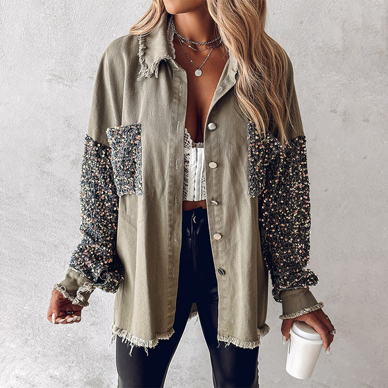 🔥Offre spéciale : 50 % de réduction⏳Manteau patchwork à sequins tendance pour femme avec ourlet brut