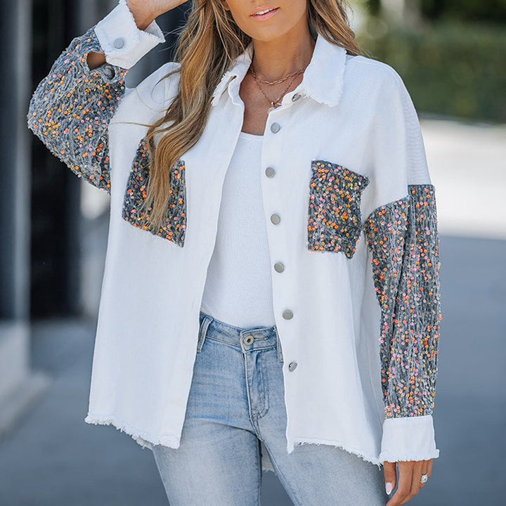 🔥Offre spéciale : 50 % de réduction⏳Manteau patchwork à sequins tendance pour femme avec ourlet brut