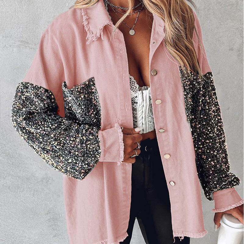 🔥Offre spéciale : 50 % de réduction⏳Manteau patchwork à sequins tendance pour femme avec ourlet brut