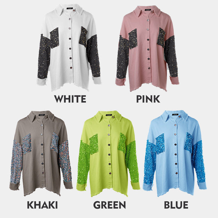 🔥Offre spéciale : 50 % de réduction⏳Manteau patchwork à sequins tendance pour femme avec ourlet brut