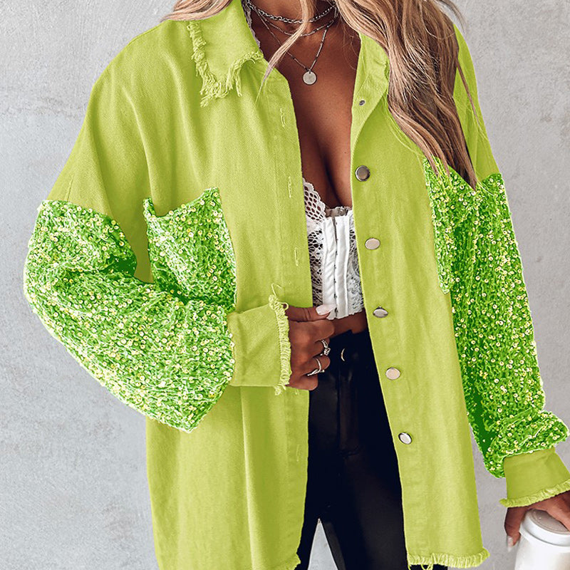🔥Offre spéciale : 50 % de réduction⏳Manteau patchwork à sequins tendance pour femme avec ourlet brut