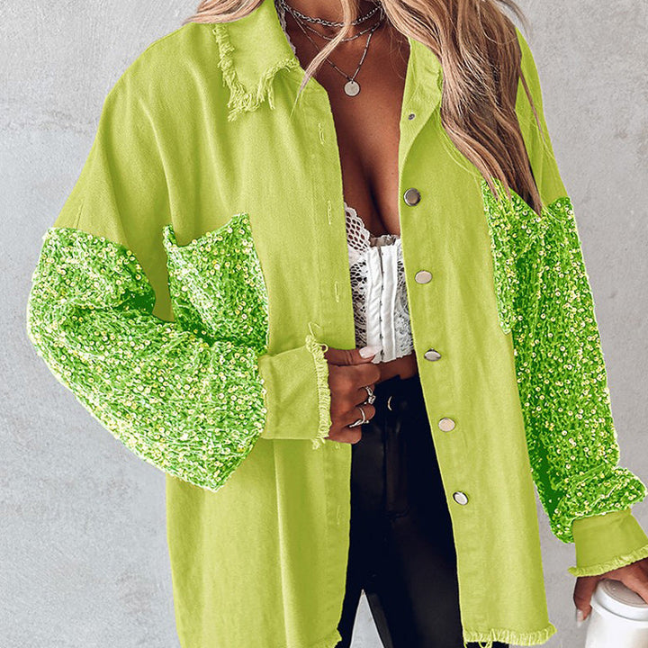 🔥Offre spéciale : 50 % de réduction⏳Manteau patchwork à sequins tendance pour femme avec ourlet brut
