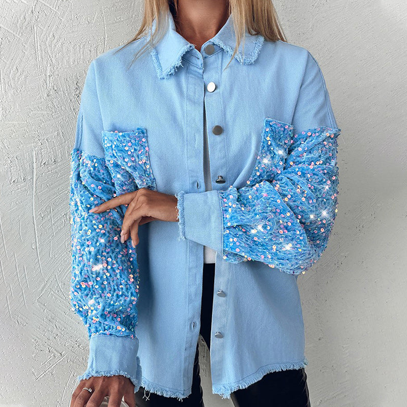 🔥Offre spéciale : 50 % de réduction⏳Manteau patchwork à sequins tendance pour femme avec ourlet brut