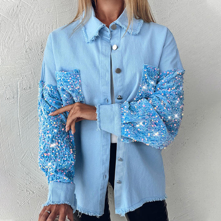 🔥Offre spéciale : 50 % de réduction⏳Manteau patchwork à sequins tendance pour femme avec ourlet brut