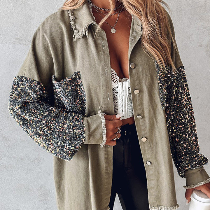 🔥Offre spéciale : 50 % de réduction⏳Manteau patchwork à sequins tendance pour femme avec ourlet brut