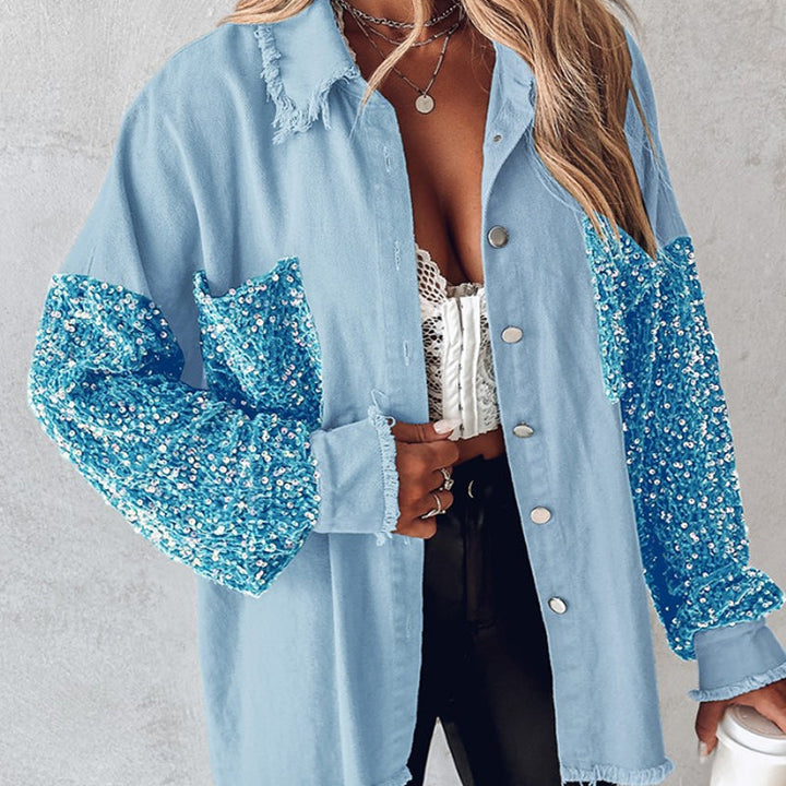 🔥Offre spéciale : 50 % de réduction⏳Manteau patchwork à sequins tendance pour femme avec ourlet brut