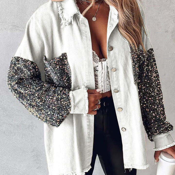 🔥Offre spéciale : 50 % de réduction⏳Manteau patchwork à sequins tendance pour femme avec ourlet brut