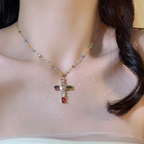 Colorful Rhinestone Cross Pendant Necklaces