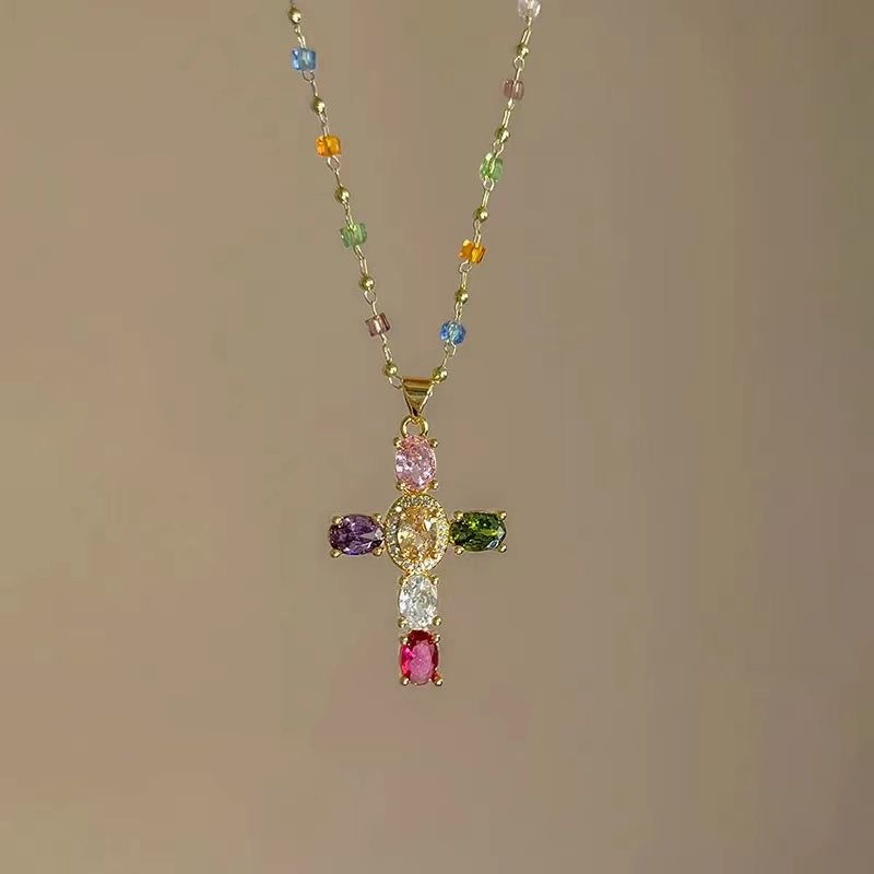 Colorful Rhinestone Cross Pendant Necklaces