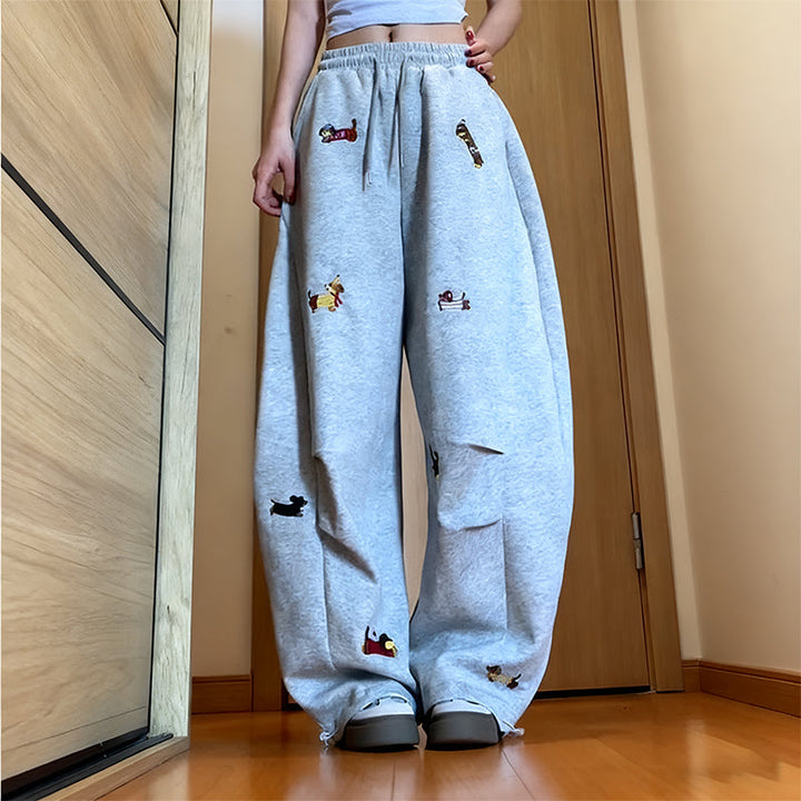 👖Broderad Valp Baggy Barrel Dragsko Träningsbyxor🐕‍🦺