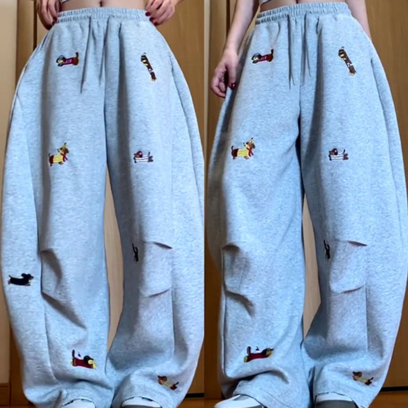 👖Broderad Valp Baggy Barrel Dragsko Träningsbyxor🐕‍🦺