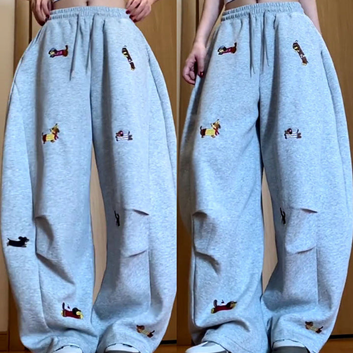 👖Broderad Valp Baggy Barrel Dragsko Träningsbyxor🐕‍🦺