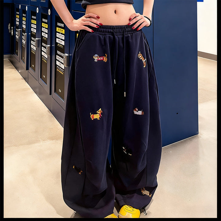 👖Broderad Valp Baggy Barrel Dragsko Träningsbyxor🐕‍🦺