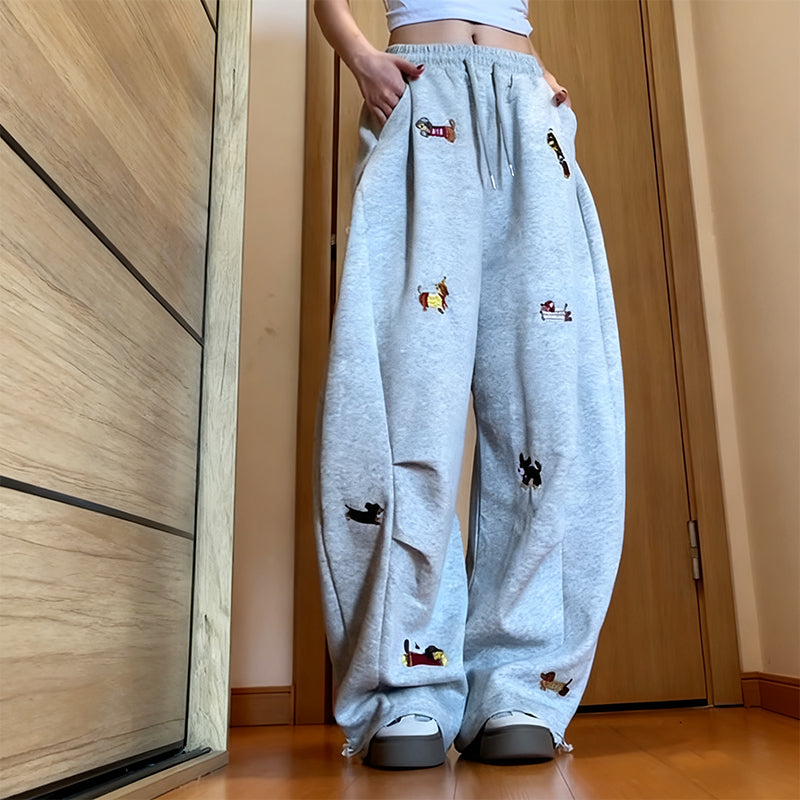 👖Broderad Valp Baggy Barrel Dragsko Träningsbyxor🐕‍🦺