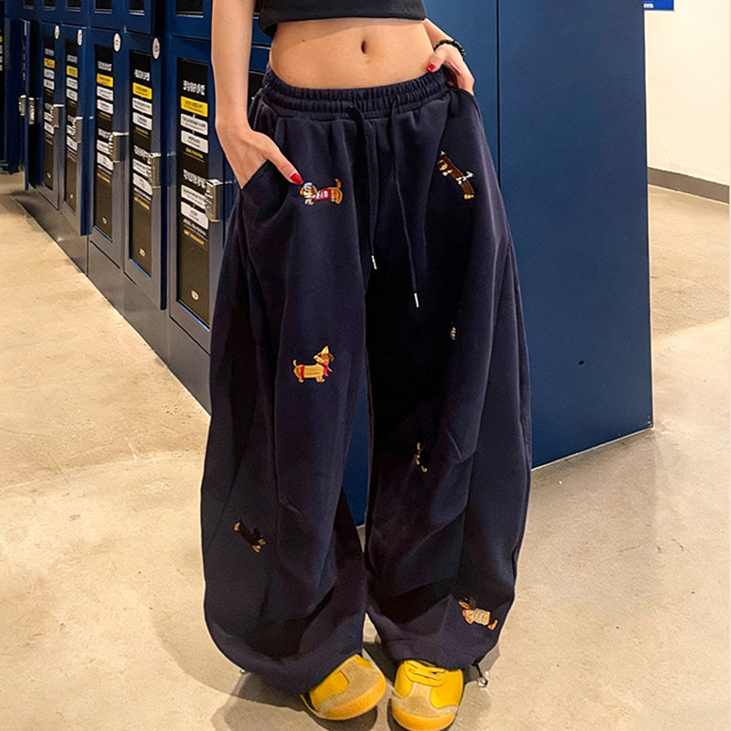 👖Broderad Valp Baggy Barrel Dragsko Träningsbyxor🐕‍🦺