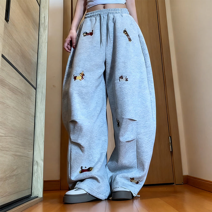 👖Broderad Valp Baggy Barrel Dragsko Träningsbyxor🐕‍🦺