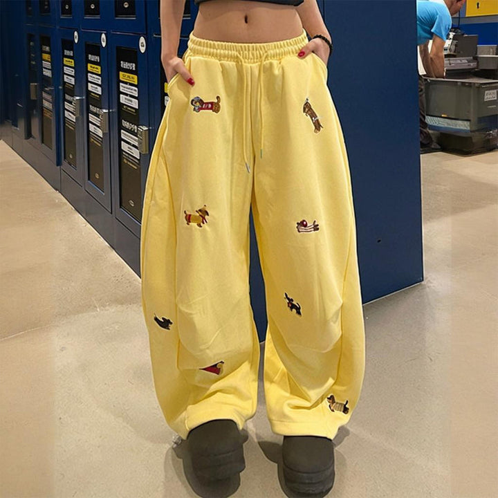 👖Broderad Valp Baggy Barrel Dragsko Träningsbyxor🐕‍🦺
