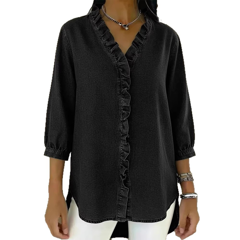 📢Heißer Ausverkauf 2026: 50 % Rabatt⏰ Lässiges Damen-Shirt mit Rüschen und V-Ausschnitt | Weich und atmungsaktiv &amp;  Schmeichelhafter High-Low-Saum ✨