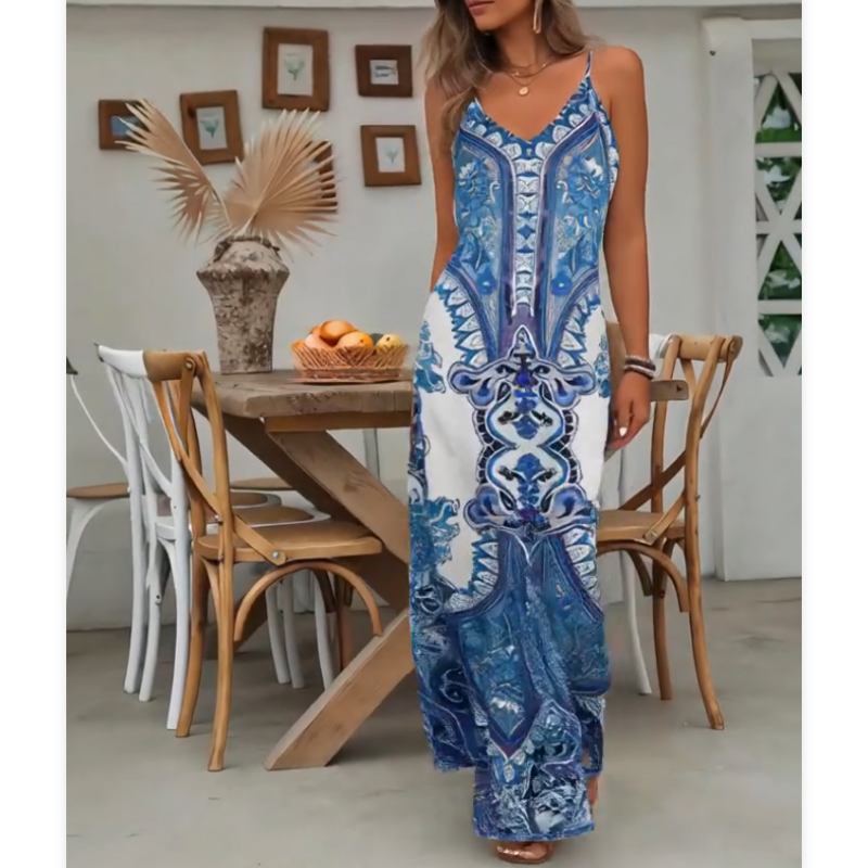 💥SALDI ULTIMO GIORNO - SCONTO DEL 60%🎁Abito lungo da donna senza maniche con scollo a V e stampa retrò