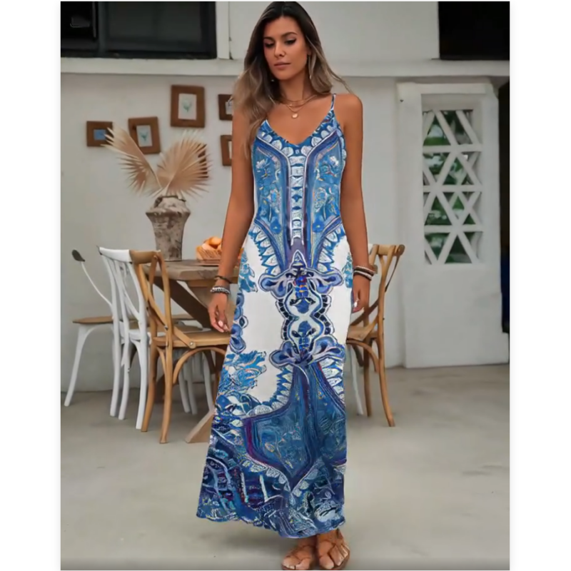 💥SALDI ULTIMO GIORNO - SCONTO DEL 60%🎁Abito lungo da donna senza maniche con scollo a V e stampa retrò