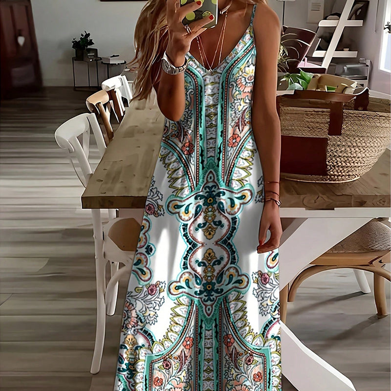 💥SALDI ULTIMO GIORNO - SCONTO DEL 60%🎁Abito lungo da donna senza maniche con scollo a V e stampa retrò