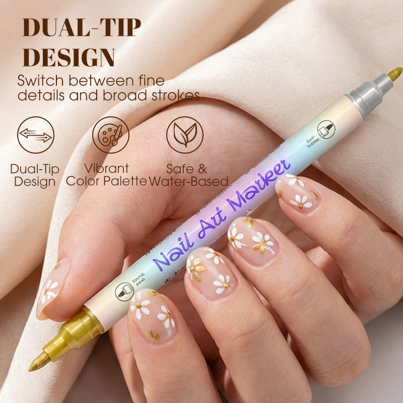 🎨Last Day Special Price:£ 8.99💞50K+ SOLD!✨Dual-Tip Nail Art Marker Pen Set Quick‑dry, no UV lamp. Fine &amp; brush tips. 12/24 vibrant colors. Easy DIY at home. No smudges, just art! 💅🖌️