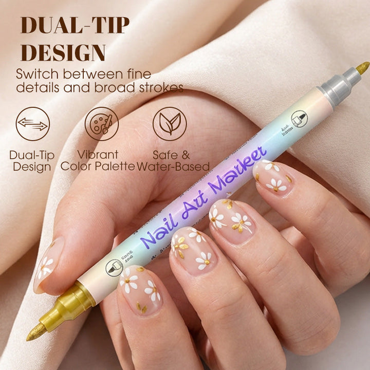 🎨Last Day Special Price:£ 8.99💞50K+ SOLD!✨Dual-Tip Nail Art Marker Pen Set Quick‑dry, no UV lamp. Fine &amp; brush tips. 12/24 vibrant colors. Easy DIY at home. No smudges, just art! 💅🖌️