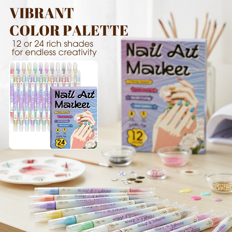 🎨Last Day Special Price:£ 8.99💞50K+ SOLD!✨Dual-Tip Nail Art Marker Pen Set Quick‑dry, no UV lamp. Fine &amp; brush tips. 12/24 vibrant colors. Easy DIY at home. No smudges, just art! 💅🖌️